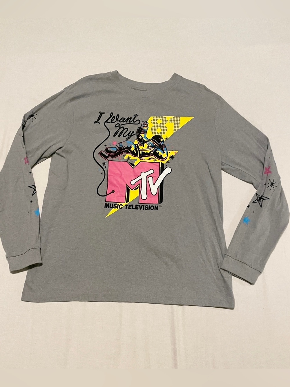 MTV I Want My MTV Astronaut Moonman Grey Long Sleeve Graphic Tee L